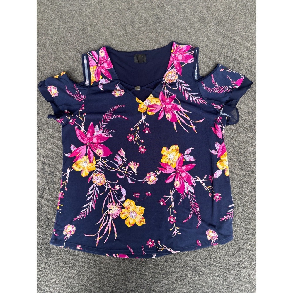 JM‎ Collection Blouse Women's Large Navy Floral Polyester Stretch Short Sleeve